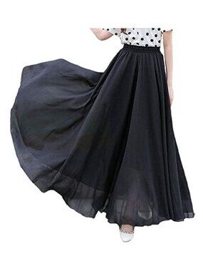 Womens Chiffon Retro Long Maxi Skirt Vintage Elastic Waist